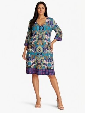 Tracy Negoshian Paisley Print Tunic Dress Size L Blue Multicolor Stretch.